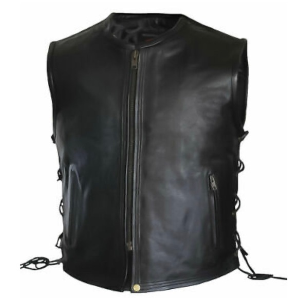 Mens Side Lace Zippered Biker Style Motorcycle Concealed Carry Leather Vest - Picture 2 of 7